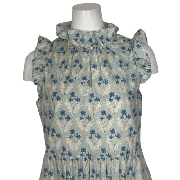 Sara Campbell Ruffle Dress 8 Blue Floral Mini Tiered Sleeveless Pockets Coastal - Picture 8 of 12